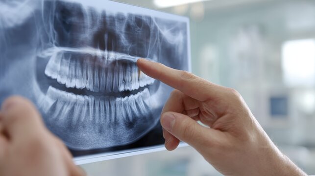 Dentist analyzing dental x-ray image in clinic for patient diagnosis and treatment