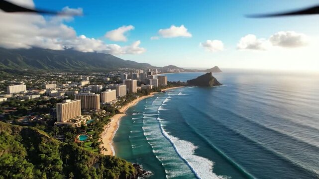 Aerial drone view of waikiki beach honolulu hawaii: tropical resort cityscape, pacific ocean waves, and lush mountain coastline