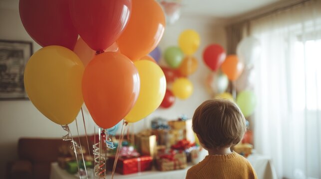 Child's birthday party with colorful balloons and gifts in a cozy living room