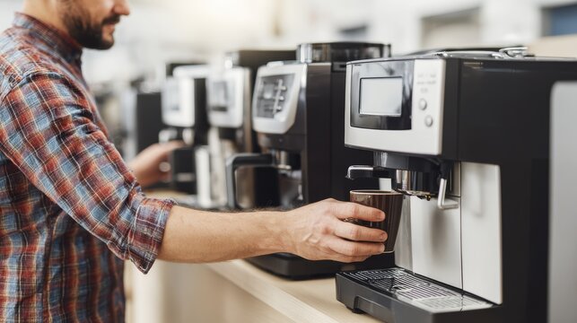 Man using modern coffee machine in cafe for fresh brewed coffee