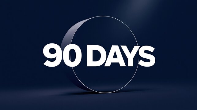 A bold white text displaying 90 days is set in a deep navy background with a clean circular form. Minimal geometry creates a balanced design.