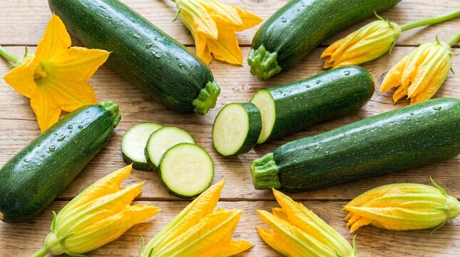 Fresh green zucchini with yellow blossoms and slices on wooden table
