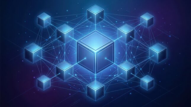 Abstract futuristic network of glowing interconnected cube nodes design illustration