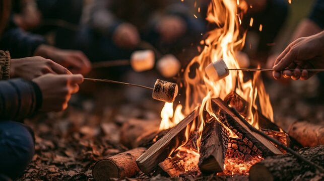 a group of people roasting marshmallows over a campfire. The fire is burning brightly, illuminating the flames with a warm, golden glow. Wooden logs are scattered around the fire.