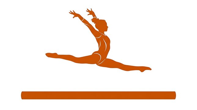 Orange silhouette of a female gymnast performing a split leap on a balance beam