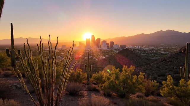 Sunset over phoenix city skyline with saguaro cactus foreground, arizona desert landscape at golden hour