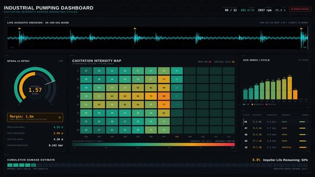 An advanced industrial pumping dashboard visualizing cavitation intensity across operating cycles with dynamic heatmap, gauges, and real-time audio emissions for performance analysis.