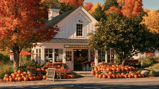 a quaint country store surrounded by autumn foliage. The white building has a steeply pitched roof and a sign reading COUNTRY STORE. The store is filled with fresh produce, including apples, pumpkins.