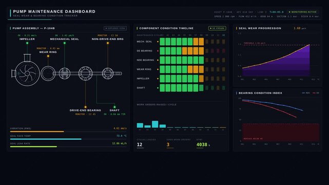 Monitor pump maintenance effectively with a detailed dashboard showcasing seal wear and bearing condition tracking, featuring vibrant colors and intuitive data visuals.