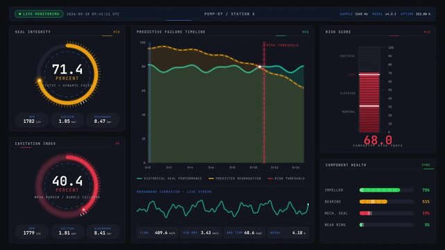 Industrial pump health dashboard animation showcasing seal failure and cavitation risk prediction with dynamic gauges and a predictive failure timeline in dark mode.