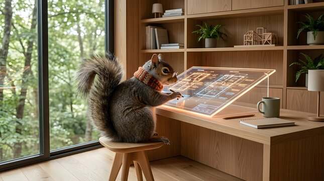 Clever squirrel wearing glasses and scarf designing architectural plans on illuminated drafting table