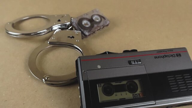 Vintage portable microcassette recorder playing a tape next to a pair of metal handcuffs on a table, representing a police interrogation, secret interview, or criminal confession