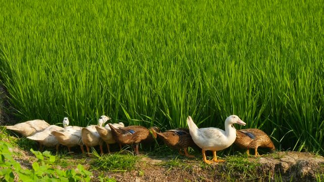 Ducks Walking in a Row Along a Lush Green Rice Field
