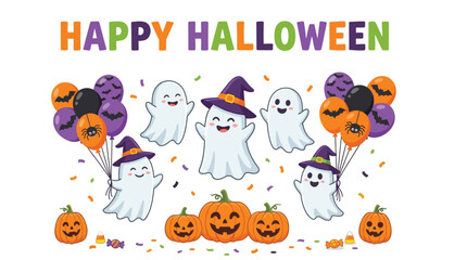 Fototapeta premium Happy halloween vector illustration featuring cute friendly ghosts holding colorful balloons and carved orange pumpkin lanterns