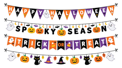 Fototapeta premium Decorative halloween bunting banner set featuring ghosts pumpkins and black cats for festive holiday party events