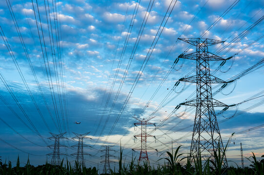 High-voltage power tower steel framework and electrical cables