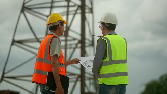 Electrical engineers discussing a blueprint with a high voltage power line in the background