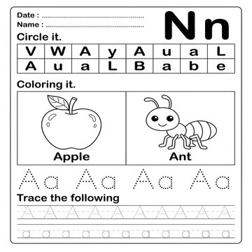 Educational worksheet for letter n with coloring activities