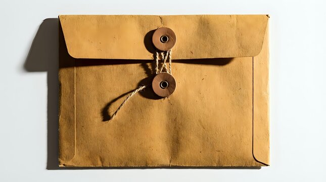 Vintage kraft paper envelope with brass fasteners and string closure on white background