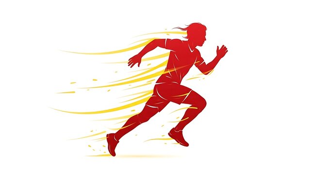 Red silhouette of a person running fast with motion blur effect on white background