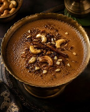 Traditional Indian Payasam dessert in brass bowl, creamy brown kheer with cashew nuts, authentic Kerala style sweet pudding