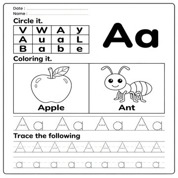 Kids educational worksheet for learning the letter a with alphabet