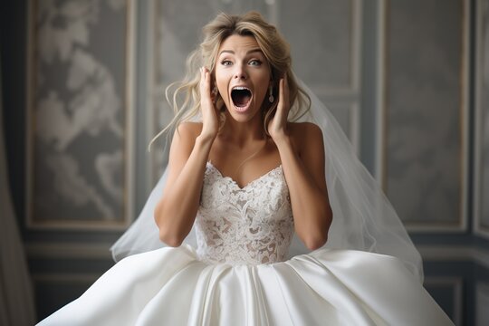 Surprised blonde bride shouting with open mouth in shock and excitement. Ideal for wedding planner promotional banner, bridal store mega discount poster or viral social media mobile application ad