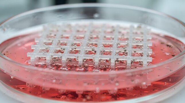 Laboratory petri dish containing pink bacterial culture medium with grid pattern sample holder for microbiology research and scientific testing