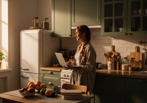 Woman standing in a kitchen using a laptop