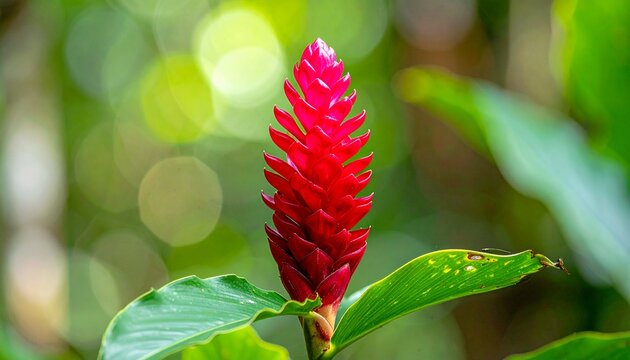 Tropical red ginger floral spike. Vivid Alpinia purpurata plant, a tropical flora linked to the renowned edible ginger spice family, making a perfect natural background for exotic themes.