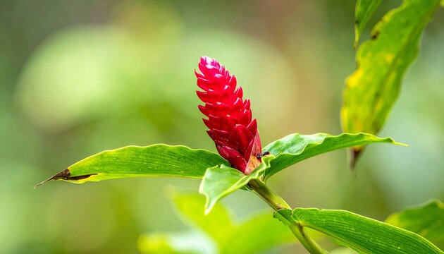 Red ginger blossom macro on green. Beautiful Alpinia purpurata flora, a striking tropical plant from the ginger family hinting at exotic culinary roots, ideal for botanical aesthetics.