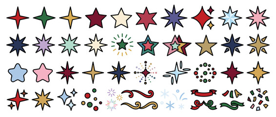 Fototapeta premium Colorful Christmas Stars and Festive Holiday Decorative Elements Set for Seasonal Design Projects