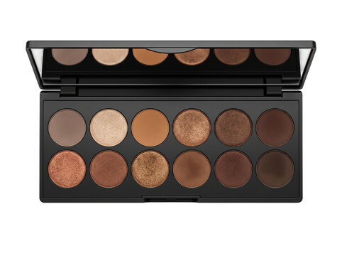 Professional makeup palette with 18 brown eyeshadow shades displayed in open case on neutral background