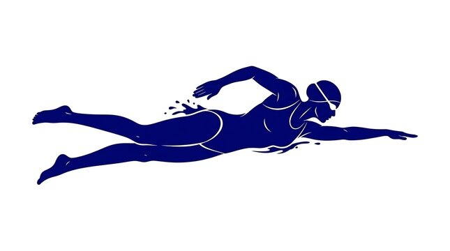 Blue silhouette of a female swimmer in a pool isolated on white background