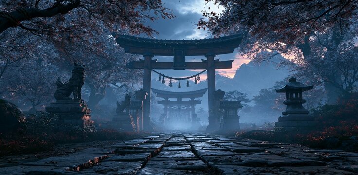 a traditional Japanese shrine, set against a misty backdrop. The main subject is a large, ornate torii gate, adorned with traditional Japanese lanterns and tassels hanging from its roof.