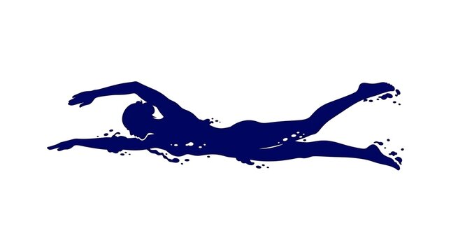 Blue silhouette of a swimmer performing a front crawl stroke on a white background