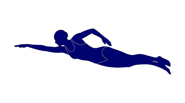 Blue silhouette of a female swimmer in freestyle stroke isolated on white background
