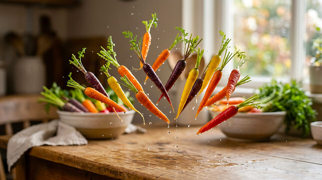 Fresh colorful carrots jumping and floating in the air above a rustic wooden table with flying food vegetable cooking organic produce rainbow carrots raw vegetables food art home cooking