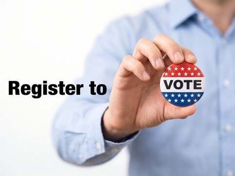 Register to Vote Concept: Person Holding a Patriotic Red, White, and Blue Voting Campaign Button for Elections and Civic Engagement