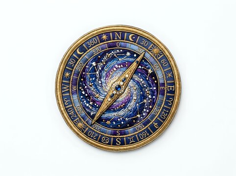 Ornate brass compass with deep blue enamel dial featuring zodiac symbols and celestial navigation markers, vintage navigational instrument design