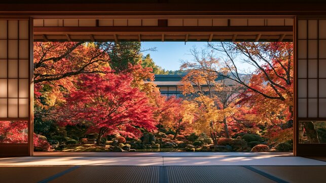 a serene serene garden scene. The main subject is a large, open doorway, framed by traditional Japanese tatami mats, revealing a tranquil garden with vibrant autumn foliage in red, orange.