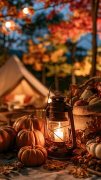 a rustic lantern with a lit candle, surrounded by pumpkins, gourds, and autumn leaves. The lantern is placed on a table covered with a textured cloth.