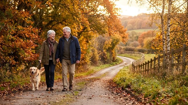 Happy senior couple walking with their dog on a rural autumn path