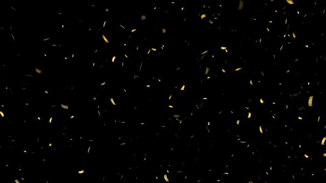 Sparkling golden confetti falling on a black background for video editing. Slow Motion Confetti Rain Falling Down Animation 4k. Colorful Confetti Falling. Colorful confetti bursts against a solid