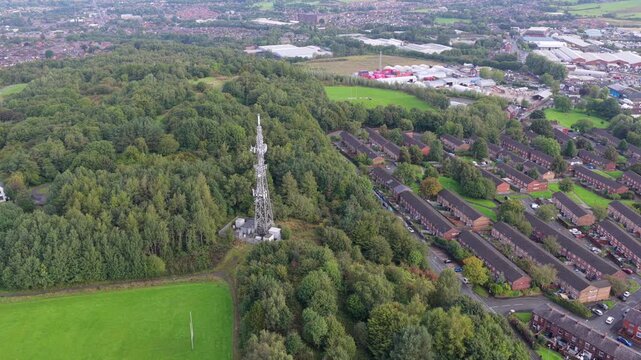 Aerial Video of Oldham Edge Woodland Residential Terraces and Transmitting Station