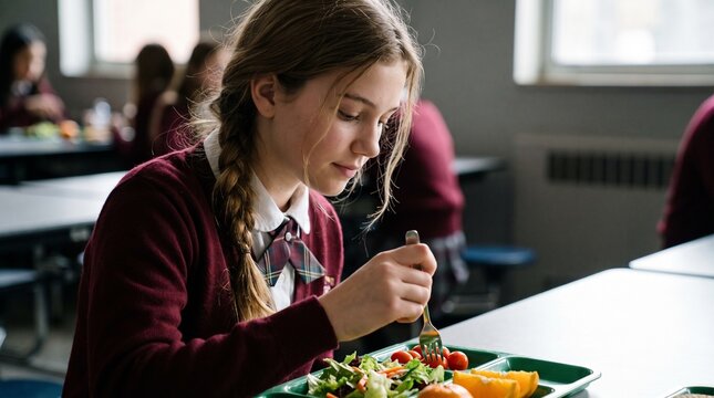 Student wearing maroon school uniform eats a healthy fresh salad lunch while sitting in a bright busy school cafeteria setting