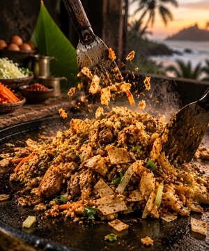 Traditional kottu roti being prepared on a hot griddle. Spicy Sri Lankan street food with vegetables and eggs at sunset.
