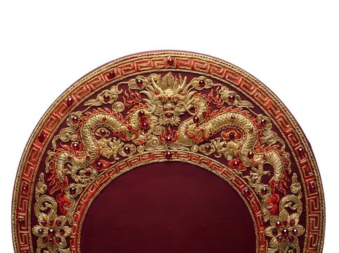 Ornate semicircular decorative border featuring intricate gold and red damask patterns with scrolling floral motifs