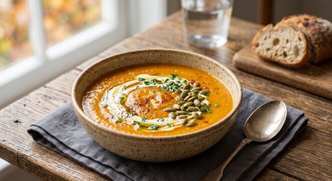 Roasted pumpkin soup in a bowl, Bowl of pumpkin soup with seeds and bread on rustic wooden table  
