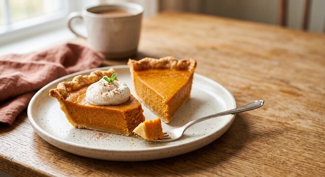 Pumpkin pie slices on a plate, Pumpkin pie slice with whipped cream on rustic wooden table  